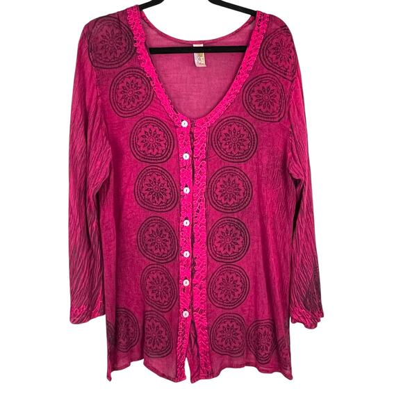 INDIA BOUTIQUE Boho Crinkle Cotton Embroidered Button Front Tunic Bell Sleeves - Picture 1 of 6
